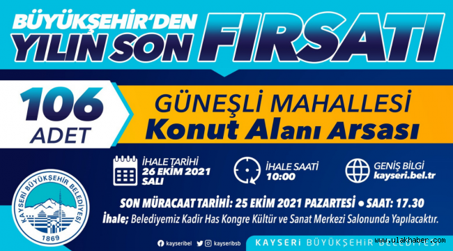 Kayseri Büyükşehir Belediyesi'nden konut arsası ihalesi